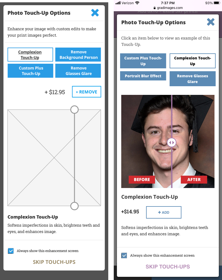 image of Touch-Up feature wireframe and final